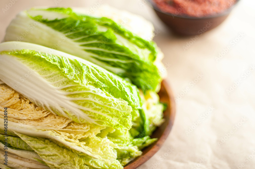 The process of making traditional Korean kimchi from napa cabbage