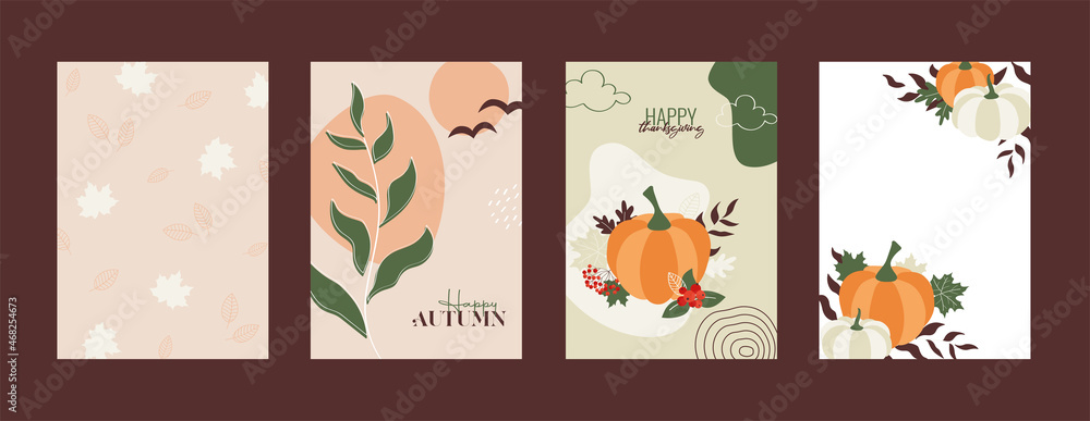 Autumn card. Thanksgiving. Trendy abstract templates. Colorful autumn backgrounds. Use for poster, card, invitation, flyer, cover, banner, brochure and other graphic design. Vector illustration.