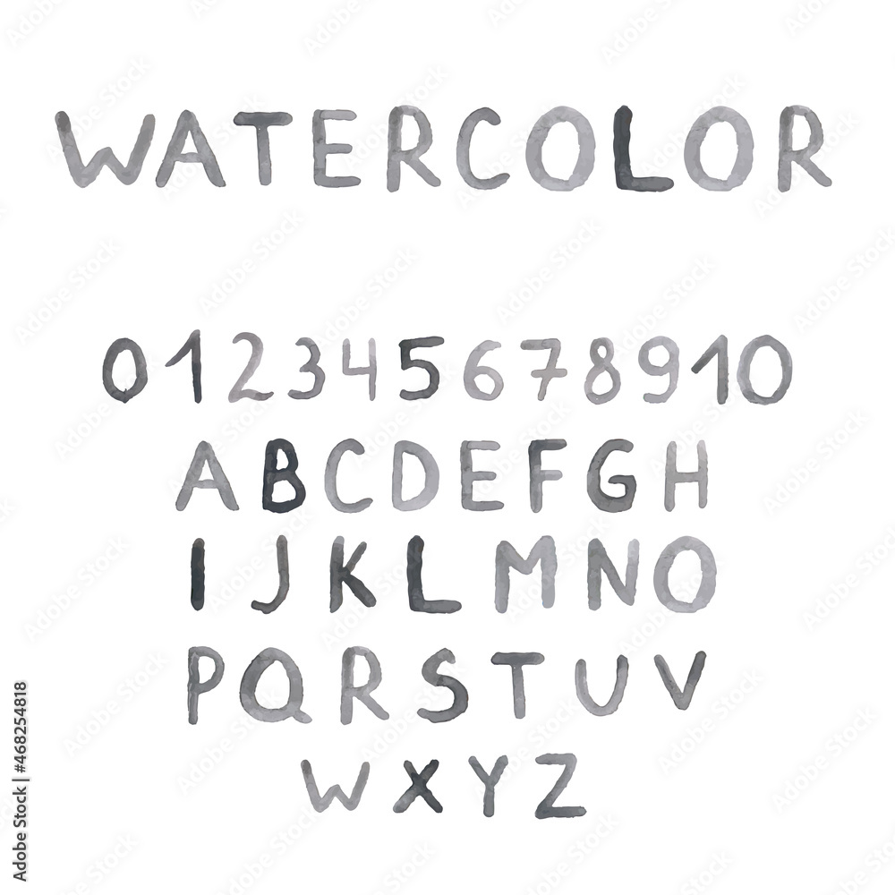 Vector English watercolor alphabet, black letter, on a light background.