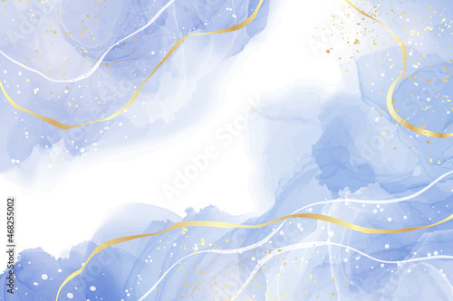 Cyan blue liquid marble watercolor background with gold lines. Teal turquoise marbled alcohol ink drawing effect. Vector illustration backdrop, watercolour wedding invitation, menu or rsvp