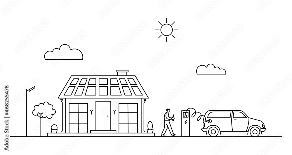 Vector line art illustration with suburban cityscape, man with coffee, and electric smart car on charging.
