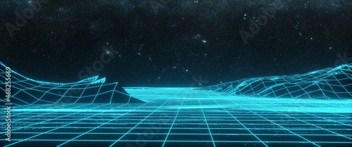 Blue neon wireframe landscape against black starry sky. Space scene. Cyberspace concept. Glowing surface. Futuristic wallpaper in style of 80's. Synthwave stylization. 3d illustration.