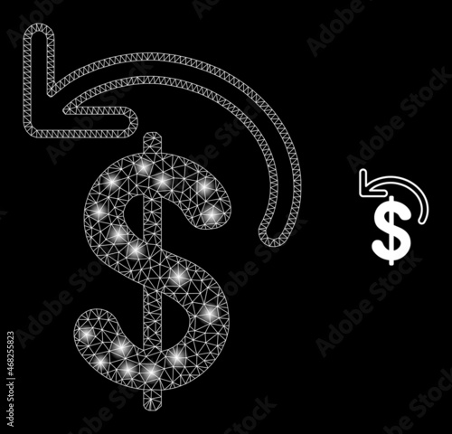 Glossy polygonal mesh net dollar refund icon with glare effect on a black background. Network dollar refund iconic vector with shiny dots in stardust colors.