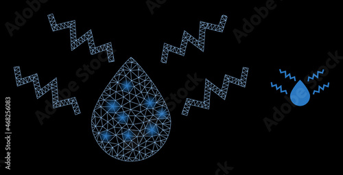 Glossy polygonal mesh net acid drop icon with glow effect on a black background. Constellation acid drop iconic vector with illuminated points in bright colors.