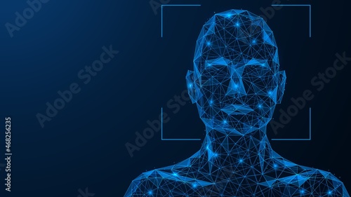 Biometric facial recognition. Identity identification technology. A low-poly construction of interconnected lines and dots. Blue background. photo