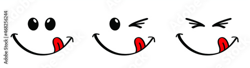 Yummy smile with tongue lick mouth. World smile day or month Food logo. Funny vector laugh cartoon comic sign. Delicious, tasty eating emoji lip face.