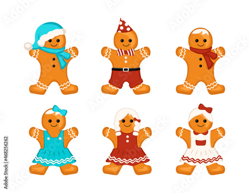Gingerbread man and woman cookies, decoration for the new year and Christmas and holidays. Biscuits in Santa hat, dress, with glaze pattern and cheerful face. Vector flat illustration