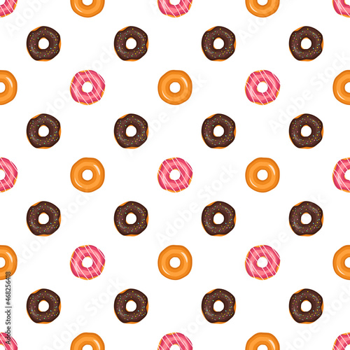 Seamless pattern from glazed donuts. Print from sweet pastries for birthday  holiday and party. Vector flat illustration of dessert and food