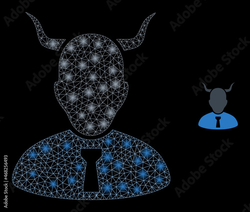 Glossy polygonal mesh net devil icon with glare effect on a black background. Network devil iconic vector with glowing spheres in bright colors. Abstraction flat mesh is designed with polygonal grid, photo
