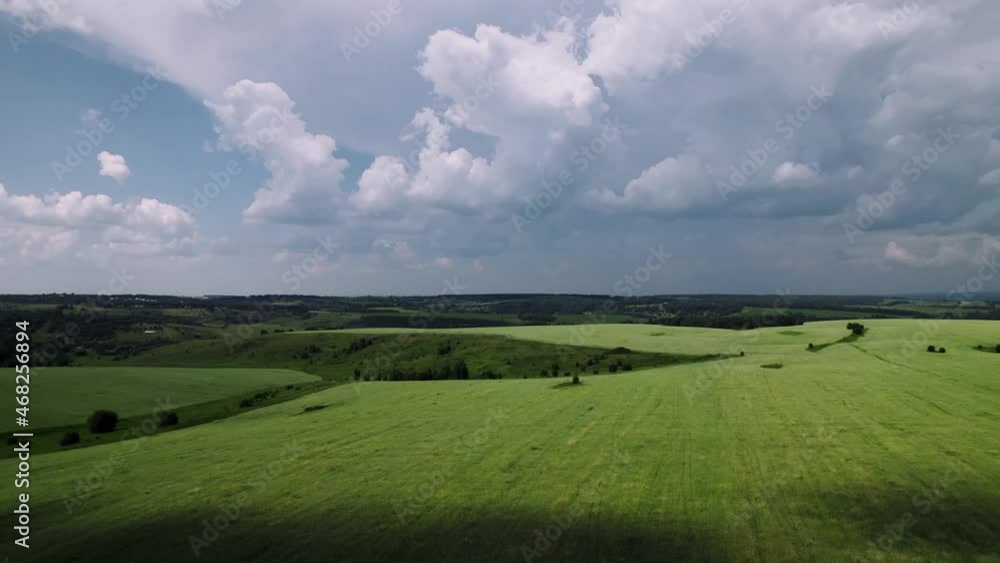 Flying over a limitless expanse of green agricultural fields. Large meadows for cereal plant production, growing and planting rye and oats. Aerial view of farming areas covered in wheat sprouts. Flying over a limitless expanse of green agricultural fields. Large meadows for cereal plant production, growing and planting rye and oats. Aerial view of farming areas covered in wheat sprouts.