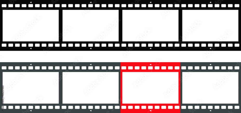 Film strips collection. Old retro cinema movie strip set. Video recording. Vector illustration isolated on background.