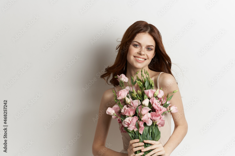 attractive woman pink flower bouquet fashion summer light background