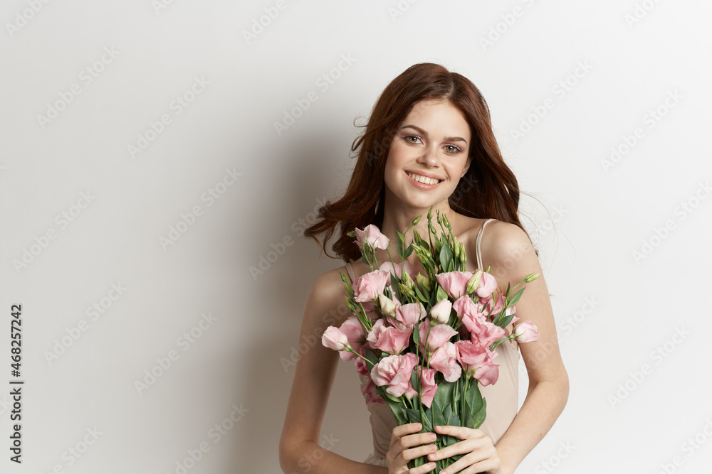 attractive woman pink flower bouquet fashion summer light background attractive woman pink flower bouquet fashion summer light background