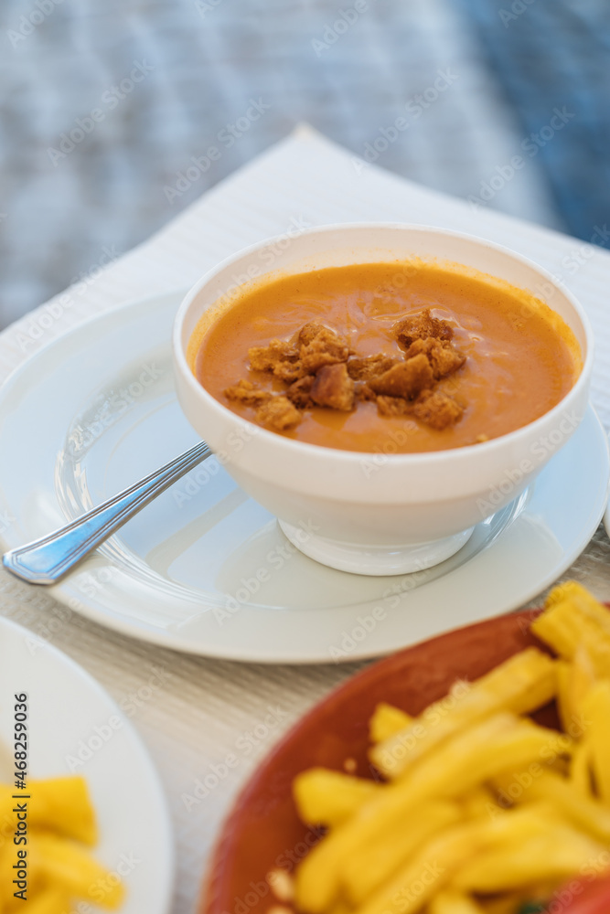 Shellfish soup served in bowl ready to eat Shellfish soup served in bowl ready to eat