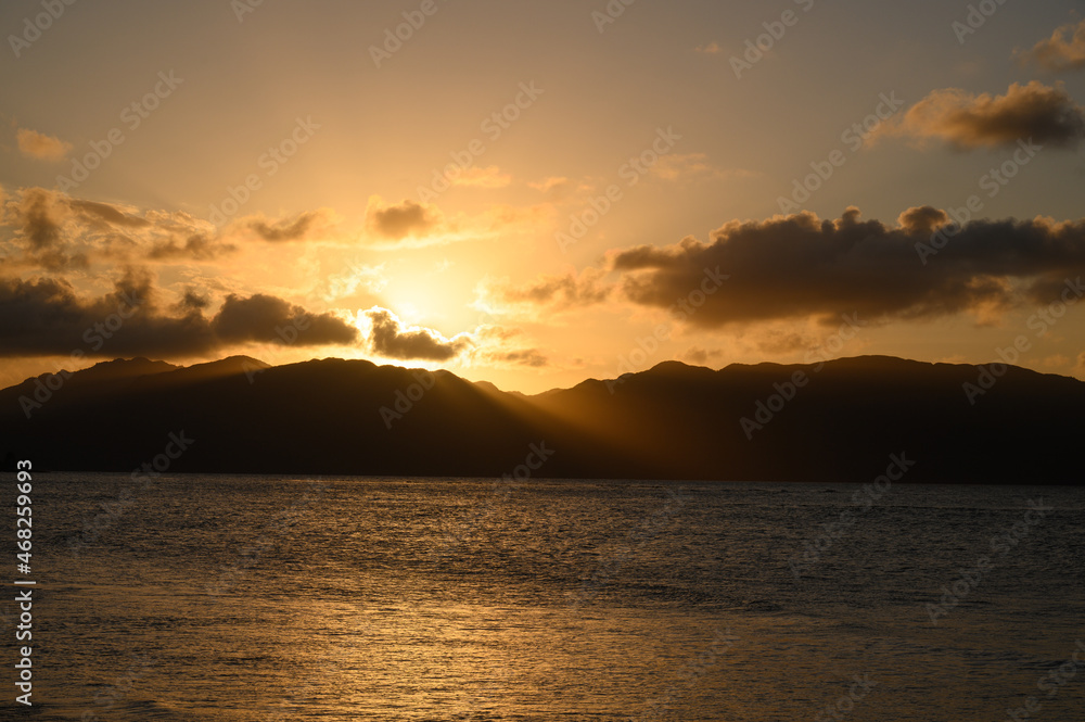 sunset panorama mountains view on carribbean sea