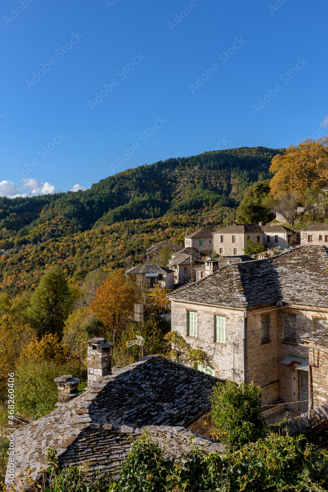 Traditional architecture  during  fall season in the picturesque village of Mikro  papigo in Epirus zagori greece