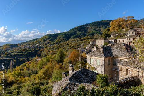 Traditional architecture during fall season in the picturesque village of Mikro papigo in Epirus zagori greece