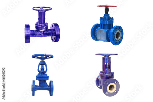 four valves of various designs with manual control for a gas pipeline on a white background