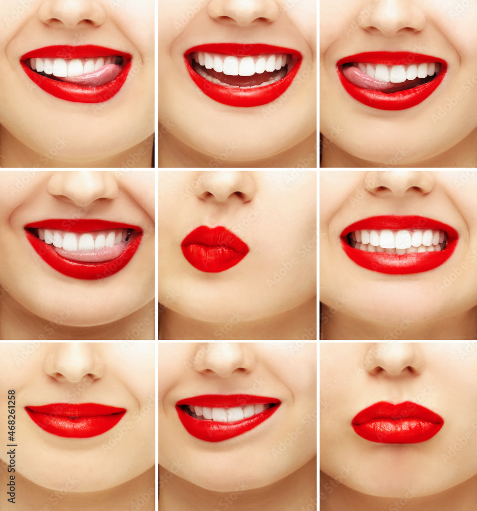 Nine different pictures of a woman's mouth with red lipstick Nine different pictures of a woman's mouth with red lipstick