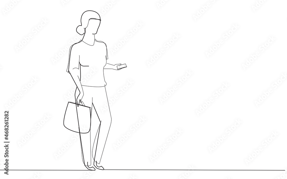 Businesswoman typing sms message on cell phone isolated on white background. Businesswoman leaning against the wall for marketing and poster. For app, travel agency and magazine. Vector illustration Businesswoman typing sms message on cell phone isolated on white background. Businesswoman leaning against the wall for marketing and poster. For app, travel agency and magazine. Vector illustration