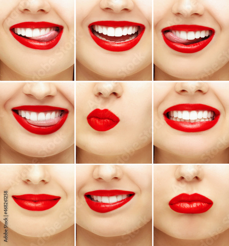 Nine different pictures of a woman's mouth with red lipstick