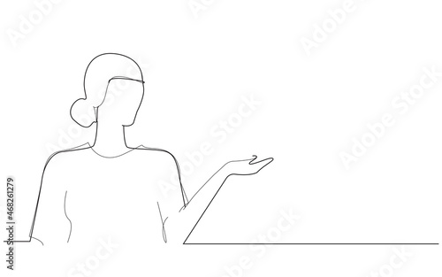 Woman presenter with hand isolated on white background. Woman presenter for product, ad, marketing, presentation materials and advertising. Creative modern concept, vector illustration