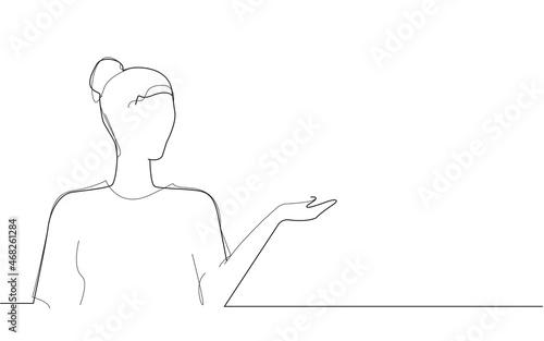 Woman presenter with hand isolated on white background. Woman presenter for product, ad, marketing, presentation materials and advertising. Creative modern concept, vector illustration