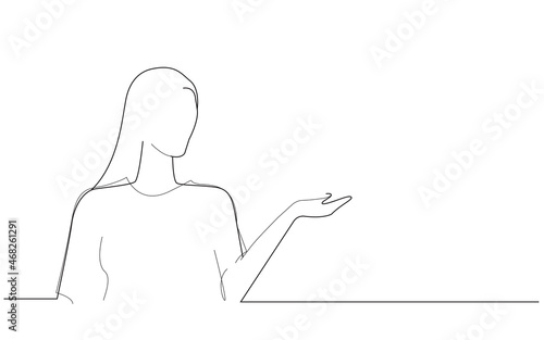 Woman presenter with hand isolated on white background. Woman presenter for product, ad, marketing, presentation materials and advertising. Creative modern concept, vector illustration