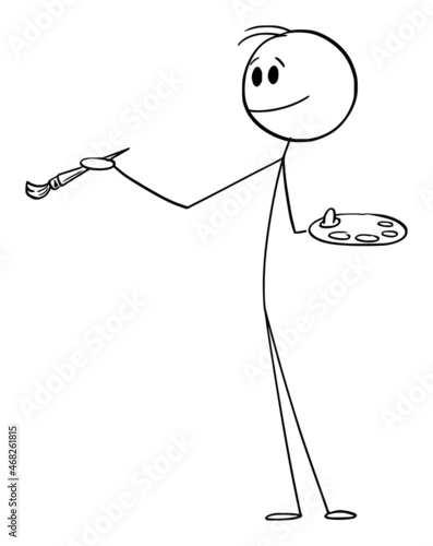 Painter Holding Brush and Palette and Panting Something, Vector Cartoon Stick Figure Illustration