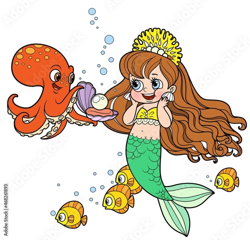 Cartoon gallant octopus gives the mermaid princess a pearl in the shell color variation for coloring page
