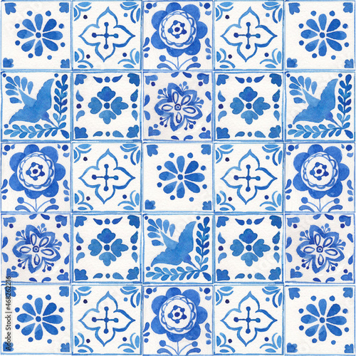 Watercolor blue seamless pattern, dutch ornament. Mexican patchwork. Old fashion hand-drawn rustic floral motifs. Stylized flowers on a background in cells. Pattern for wallpaper, fabric, packaging.