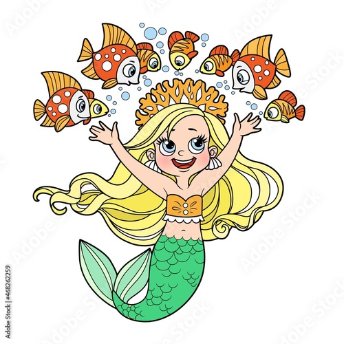 Cute little mermaid girl in coral tiara communicates with fish color variation for coloring page