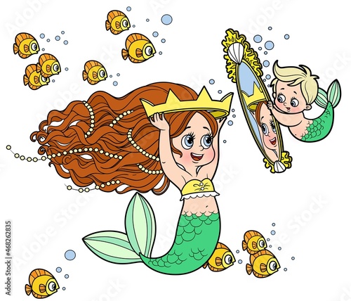 Cute little mermaid girl measures the crown in front of the mirror held by the child mermaid color variation for coloring page