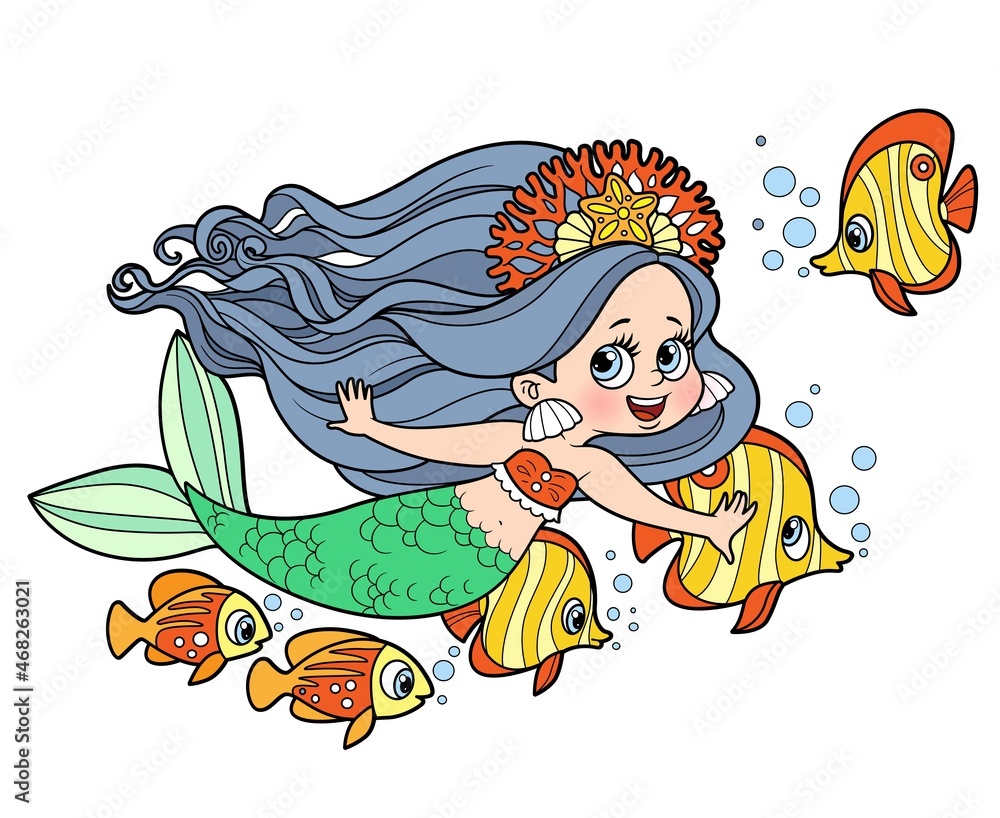 Cute little mermaid girl swimming with a flock of fish nearby color variation for coloring page Cute little mermaid girl swimming with a flock of fish nearby color variation for coloring page