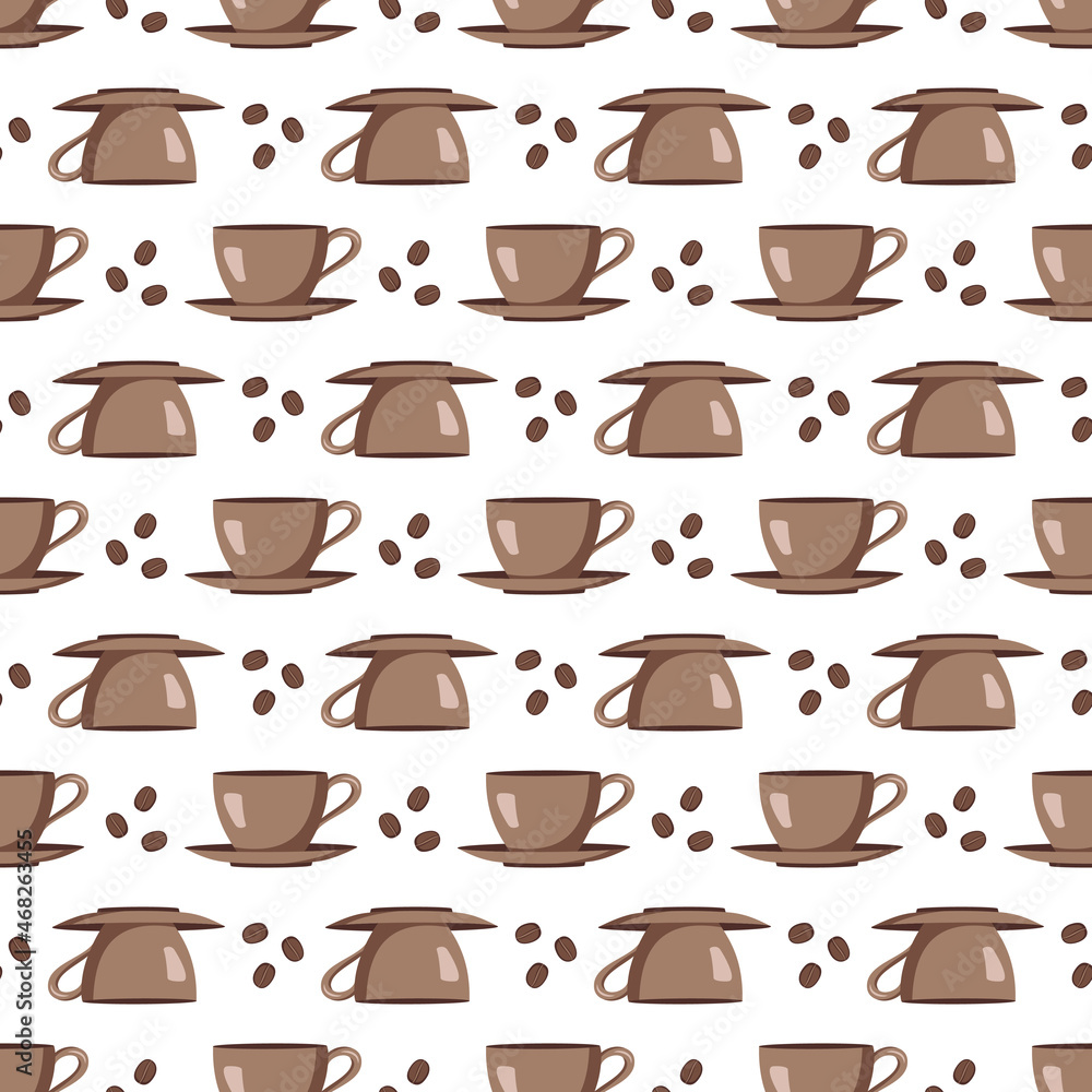 Seamless pattern with cups, saucers and coffee beans. Print with mugs for cafes, textiles and design. Vector flat illustration