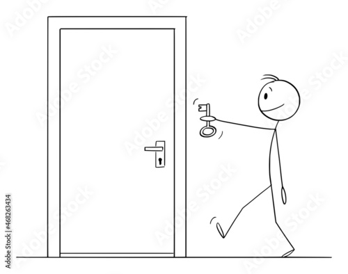 Locked Door, Person Bringing Key, Concept of Problem and Solution, Vector Cartoon Stick Figure Illustration