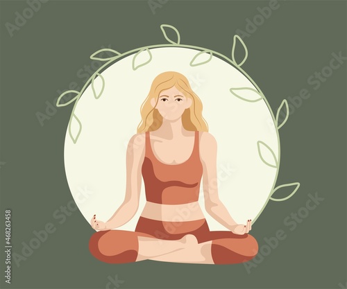 Woman meditating. Girl sitting in lotus pose. Concept illustration for yoga, meditation, relax, recreation, healthy lifestyle.