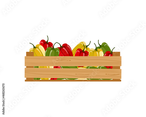 Wooden box with red and yellow pepper isolated on a white background. Autumn harvest. 