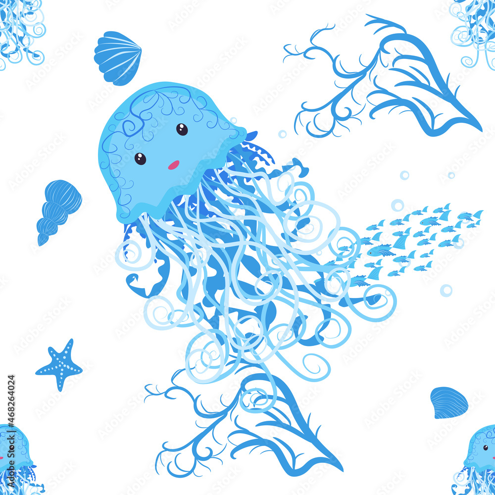 Jellyfish, fish, animals bright seamless patterns. Sea travel, snorkeling with animals, tropical fish.