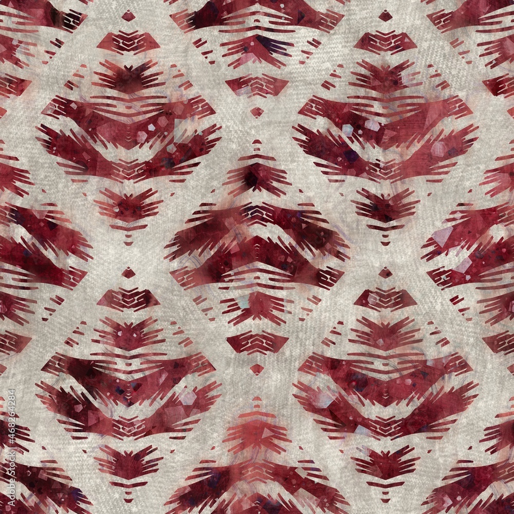 Seamless tribal ethnic damask rug motif for surface pattern design and print. High quality illustration. Grungy trendy boho design in red and textured cream. Resembles indian mehndi henna. Diamond geo Seamless tribal ethnic damask rug motif for surface pattern design and print. High quality illustration. Grungy trendy boho design in red and textured cream. Resembles indian mehndi henna. Diamond geo