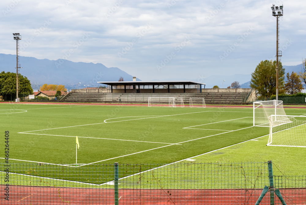View of new football field in Maccagno Inferiore with Pino and Veddasca, province of Varese, Italy