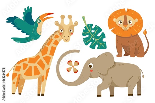 Jungle cute animals set for kids. Vector cartoon africa safari wild animals collection isolated on white background