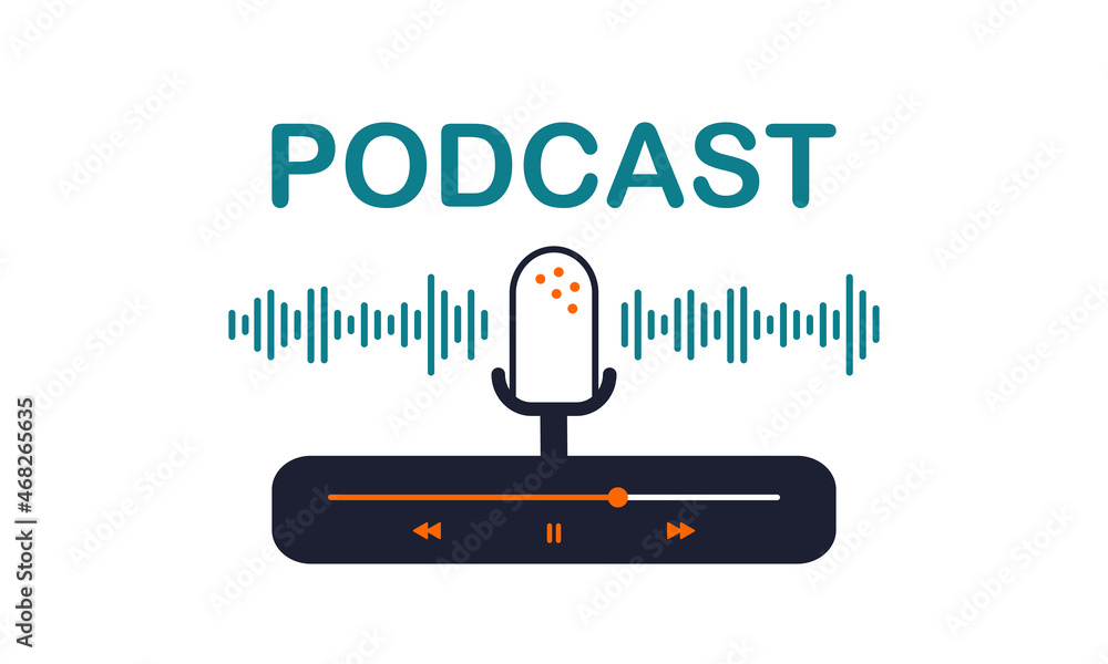 Media player interface for software app with buttons, loading indicator and microphone. Vector illustration of control panel in flat style. Podcast lettering and radio wave picture Media player interface for software app with buttons, loading indicator and microphone. Vector illustration of control panel in flat style. Podcast lettering and radio wave picture