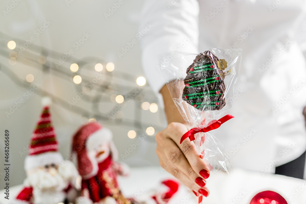 Fototapeta premium Christmas Delicious Sweet Cookie Cake Xmas Tree Panetone Bread Santa Claus Caramel Macaron Chocolate Theme