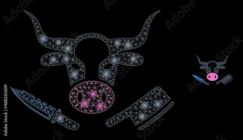 Glossy polygonal mesh web butchery icon with glow effect on a black background. Constellation butchery iconic vector with shiny points in stardust colors.