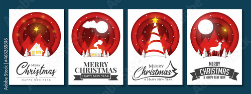 Merry Christmas and Happy New Year cards with landscape, house, reindeer, snowflakes, snow, moon, star, and universal background. Versatile modern vector template with papercut design.