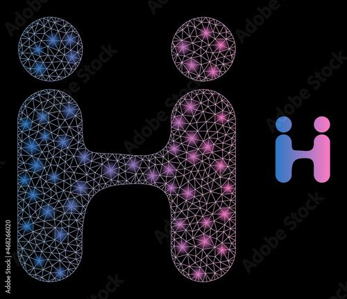 Glossy polygonal mesh web human conjugation icon with glare effect on a black background. Wire frame human conjugation iconic vector with glowing dots in bright colors.