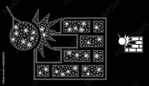 Glossy polygonal mesh web crush the wall icon with glow effect on a black background. Wire frame crush the wall iconic vector with illuminated points in stardust colors.