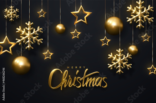 Merry Christmas. Shimmering golden snowflakes, christmas balls and stars on black background.