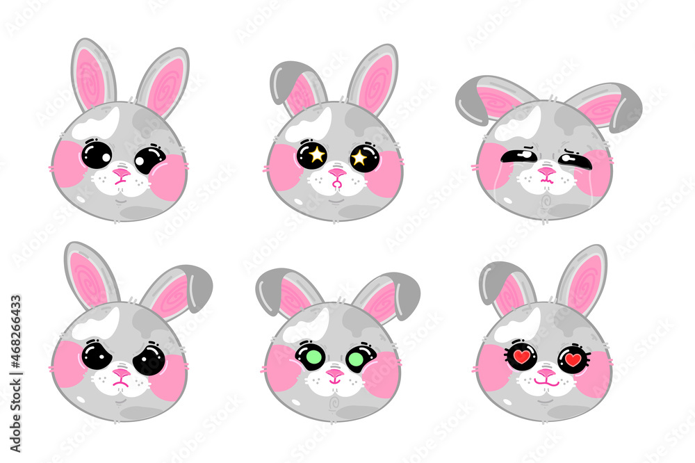 Set of cute hare face with different emotions.Vector flat cartoon kawaii character illustration icon. Cartoon cute hare character icon set Set of cute hare face with different emotions.Vector flat cartoon kawaii character illustration icon. Cartoon cute hare character icon set